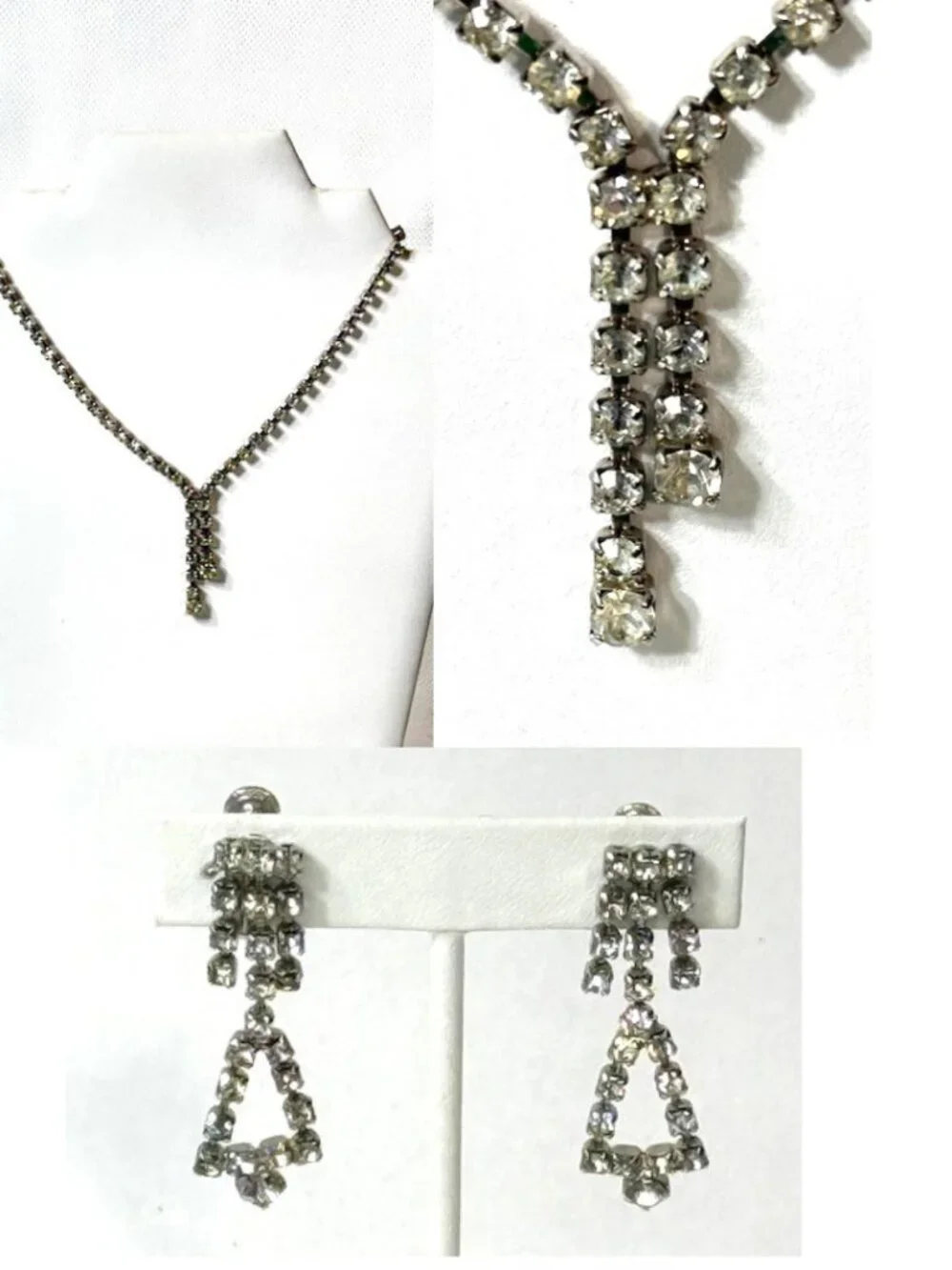 Vintage silver-tone and rhinestone necklace with matching screw-back earrings.